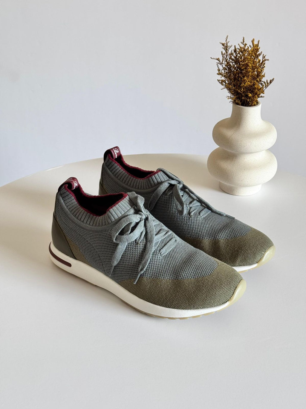 Loro Piana Olive Green Knit Fabric and Leather Low Top Sneakers Loro Piana