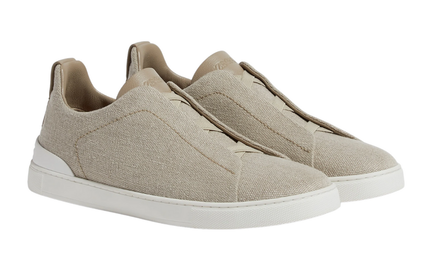 Zegna Light Beige Cotton Linen and Leather Triple Stitch Sneakers