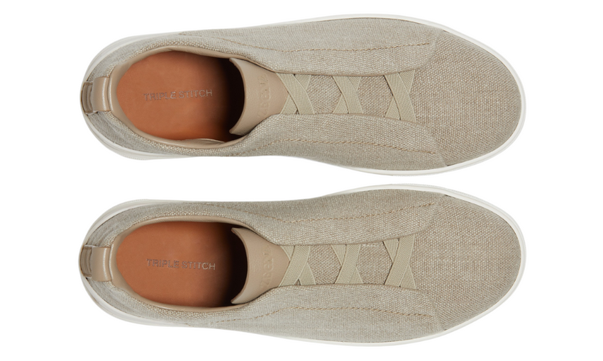 Zegna Light Beige Cotton Linen and Leather Triple Stitch Sneakers