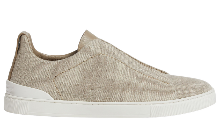 Zegna Light Beige Cotton Linen and Leather Triple Stitch Sneakers